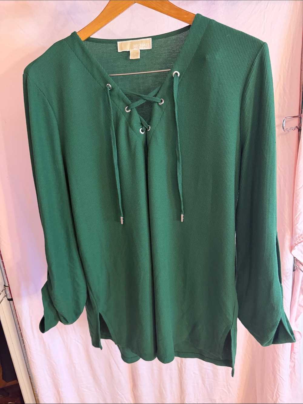 Michael Kors Emerald Green Lace-Up Long Sleeve Tunic Top